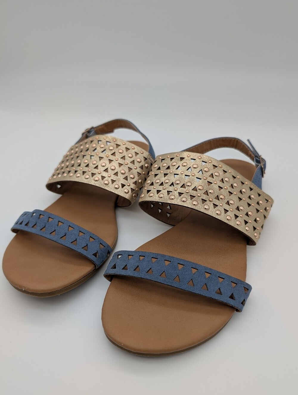 Qupid Geometric Laser Cut Studded Slingback Sandals Blue Metallic Gold